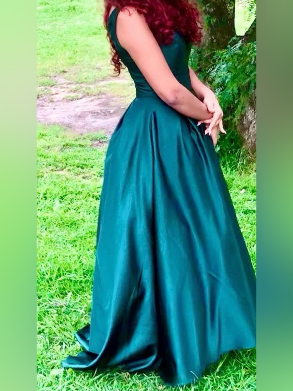 Betsy & Adam Emerald Green V-Neck Satin Prom Gown-worn once - Picture 3 of 8